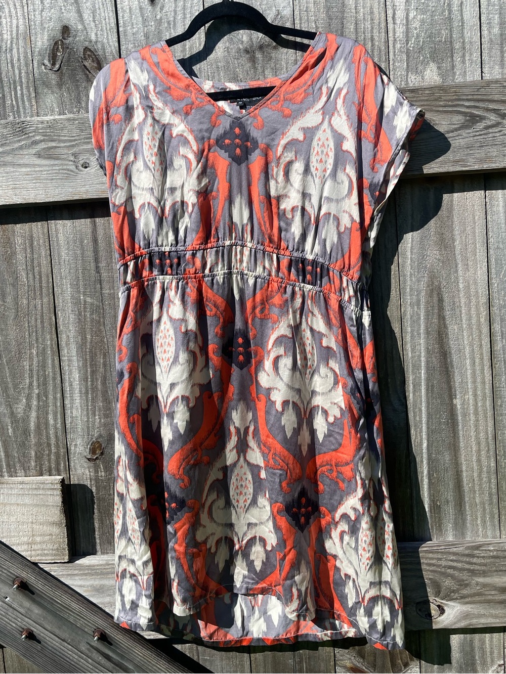 Etcetera 100% Silk Coral and Gray Short Sleeve V-Neck Mini Dress Sz 10